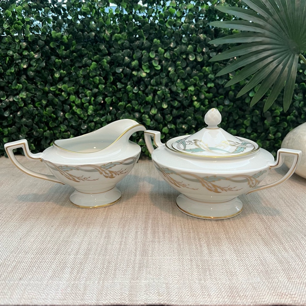 Royal Tettau Princess Blue Green Gold | Creamer & Covered Sugar Bowl Set Germany